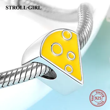 925 Sterling Silver Žltá Smalt Syr Dort Korálky Sandwich Potravín Charms Fit Európskej Náramok pre Ženy Šperky Darček