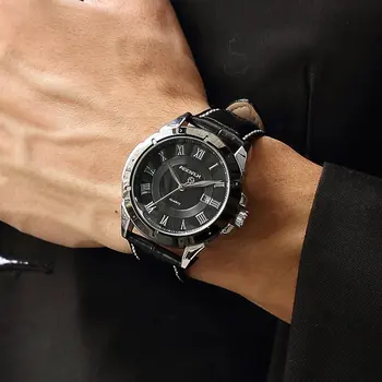 AGENTX Rímske Číslice Deň sa zobrazujú Čierne púzdro z Nerezovej Ocele Kožený Remienok Kapela Náramkové hodinky Pánske Quartz Business Hodinky / AGX041