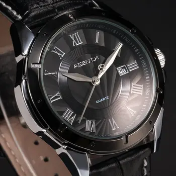 AGENTX Rímske Číslice Deň sa zobrazujú Čierne púzdro z Nerezovej Ocele Kožený Remienok Kapela Náramkové hodinky Pánske Quartz Business Hodinky / AGX041