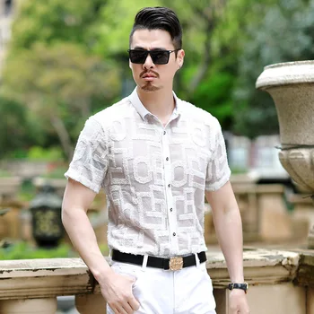 Biela päť-špicaté hviezdy tlač high-end luxusné tričko s krátkym rukávom Letné Novú kvalitu duté priedušná transparentné mužov shirtM-3XL