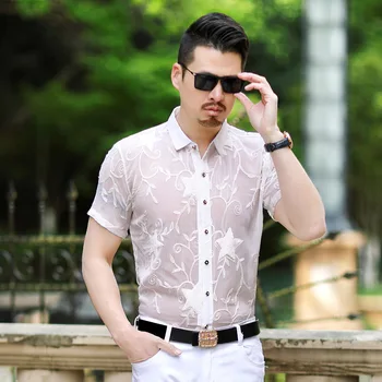 Biela päť-špicaté hviezdy tlač high-end luxusné tričko s krátkym rukávom Letné Novú kvalitu duté priedušná transparentné mužov shirtM-3XL