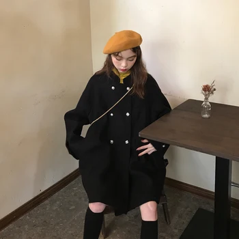 Cotday Vlna Voľné Dlhé Čierne Dvojité Breasted 2020 Móda Jeseň Kórejský Štýl Vintage Elegantné Zimné Žena Vlnená Zmes Kabát