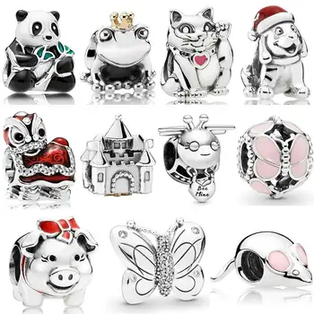 DIY Kúzlo Panda Šťastne až do smrti Hrad Bee Baňa Dekoratívne Motýľ 925 Sterling Silver Korálky Fit Pandora Náramok Šperky