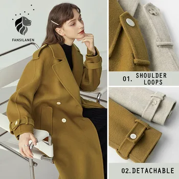 FANSILANEN Elegantné nadrozmerné biela vlny kabát Ženy cashmere zmes zimný kabát Žena vintage pletené žltá dlhá bunda