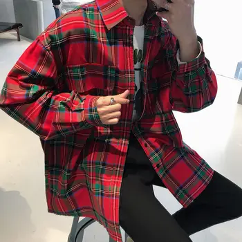 Kórejský Kockované Košele pánske Módne Kontrast Farieb Retro Bavlna Bežné Tričko Mužov Streetwear Wild Voľné Dlhý Rukáv Tričko Pánske M-2XL