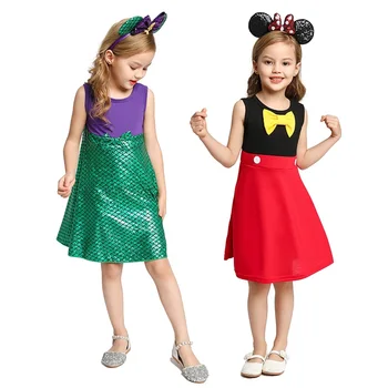 MUABABY Deti Princezná Letné Šaty pre Dievčatá Dieťa Snow White Ariel Belle Mickey Bežné Bavlna Narodeniny Kostým s Príslušenstvom