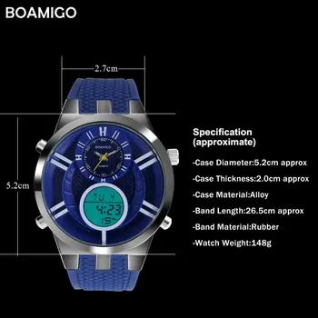 Muži Športové Hodinky BOAMIGO Módne značky Quartz Hodinky Analógové Digitálne Hodinky Mužov Gumy LED Vodotesný náramkové hodinky reloj hombre