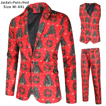 Oblek Sady Mužov Kostým Homme 2020 Značky Slim Fit Vianočné Vyhovuje Set 3 Kusov Sako + Vesta + Nohavice Prom Šaty Vytlačené Farby