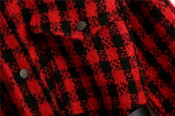 Príčinné ženy tweed červená kockovaný kabát 2020 módne dámy vrecku dlhý kabát streetwear žena elegantné outercoat dievčatá elegantný kabát
