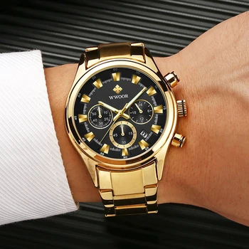 Reloj Hombre 2020 WWOOR Multifunkčné Obchodné Pánske náramkové hodinky Quartz Zlata Plné Oceľové Vojenské Športové Dátum Sledovať Mužov S Box