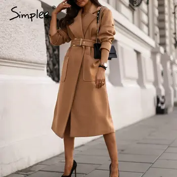 Simplee Office lady camel jeseň zima žena vlny kabát High street fashion dlhý rukáv kabáta Elegantný vreckový outwear s pásom