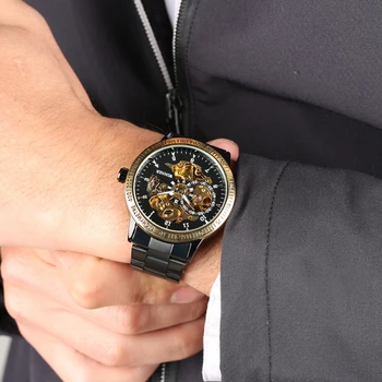T-VÍŤAZ Luxusné Zlaté Kostra Automatické Mechanické Hodinky Mužov Plný Nehrdzavejúcej Ocele Kapela Top Značky Man Hodiny Muž náramkové hodinky