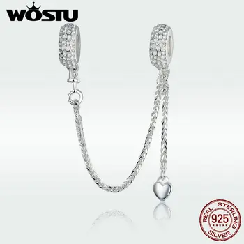WOSTU kórejský 925 Sterling Silver Srdce Bezpečnosti Reťazca Kúzlo Perličiek Fit Originálny Náramok Šperky Čo Prívesok & Náhrdelník DXC1112
